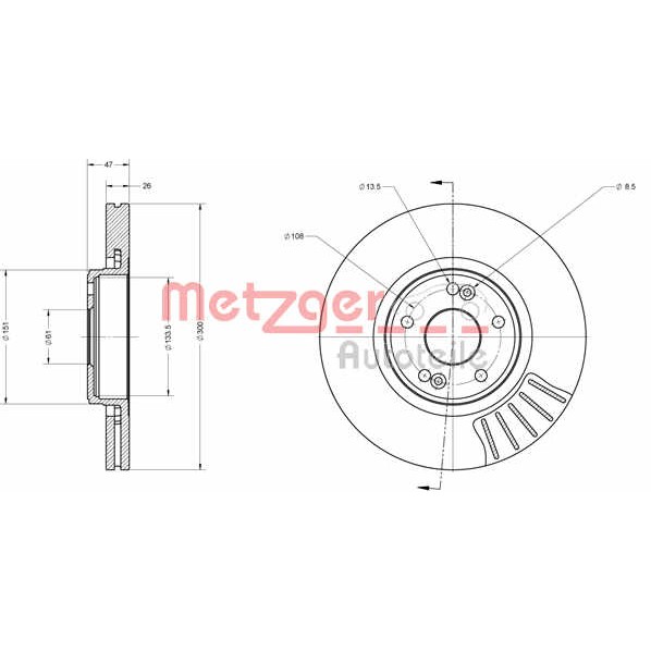 Слика на кочионен диск METZGER COATED / HIGH CARBON 6110478 за Renault Laguna 2 (BG0-1) 1.8 16V (BG0B, BG0M) - 120 коњи бензин