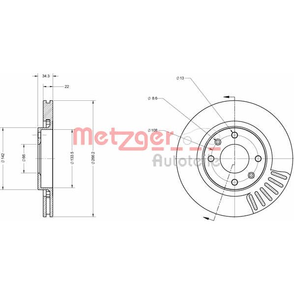 Слика на кочионен диск METZGER Coated 6110023 за Peugeot 208 1.6 BlueHDi 100 - 100 коњи дизел