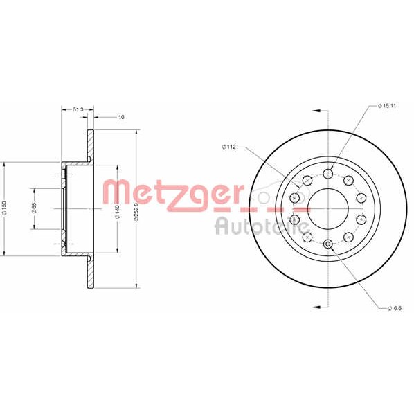 Слика на кочионен диск METZGER Coated 6110036 за Seat Altea (5P1) 1.6 TDI - 90 коњи дизел