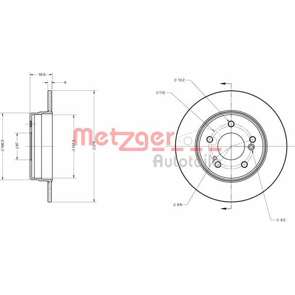 Слика на кочионен диск METZGER Coated 6110039 за Mercedes E-class Saloon (w210) E 430 (210.070) - 279 коњи бензин