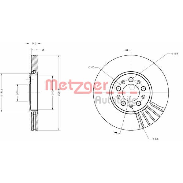 Слика на кочионен диск METZGER Coated 6110049 за Audi A1 (8X1) 1.8 TFSI - 192 коњи бензин