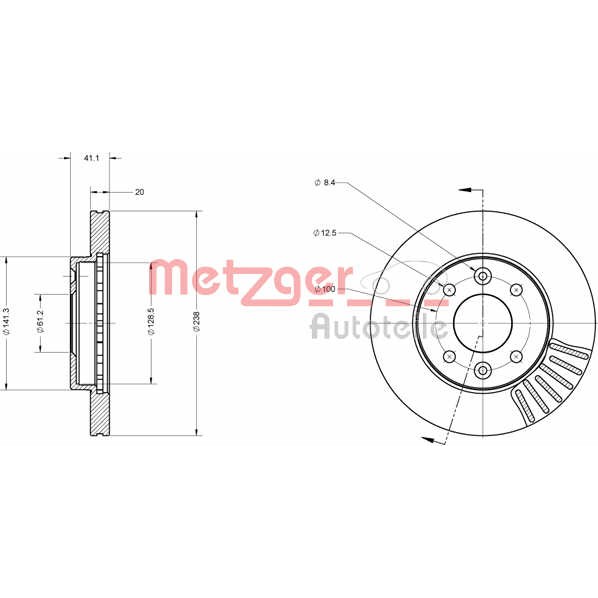 Слика на кочионен диск METZGER Coated 6110071 за Renault 19 Hatchback 1.7 (B/C53C) - 90 коњи бензин