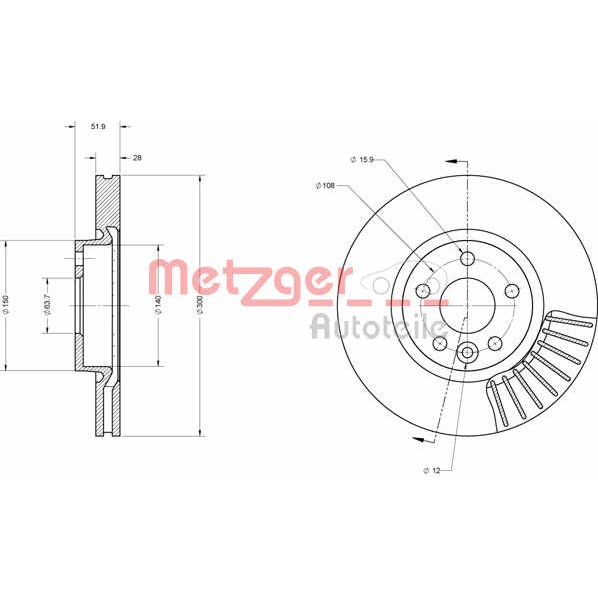 Слика на кочионен диск METZGER Coated 6110073 за Ford Mondeo 4 Turnier 2.0 LPG - 145 коњи Бензин/Автогаз (LPG)