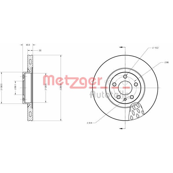 Слика на кочионен диск METZGER Coated 6110084 за Alfa Romeo 164 Sedan 3.0 V6 (164.A) - 192 коњи бензин