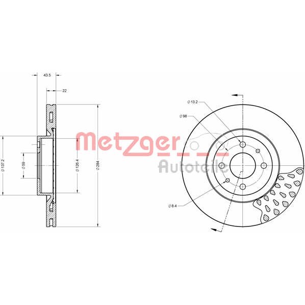 Слика на кочионен диск METZGER Coated 6110098 за Lancia Lybra SW (839bx) 2.4 JTD - 150 коњи дизел