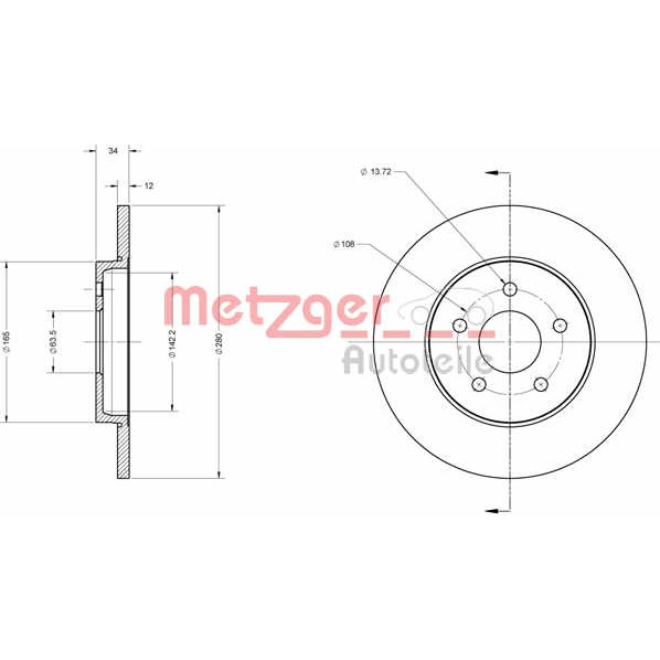 Слика на кочионен диск METZGER Coated 6110101 за Ford Mondeo 3 (B5Y) 3.0 V6 24V - 204 коњи бензин