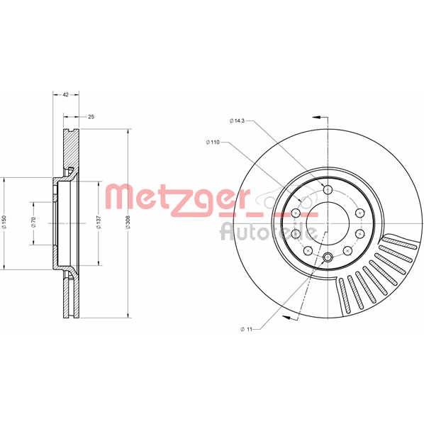 Слика на кочионен диск METZGER Coated 6110103 за Opel Astra G Coupe 2.0 16V Turbo - 190 коњи бензин