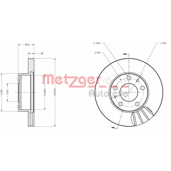 Слика на кочионен диск METZGER Coated 6110104 за Citroen Jumper BUS 2.2 HDi 120 - 120 коњи дизел