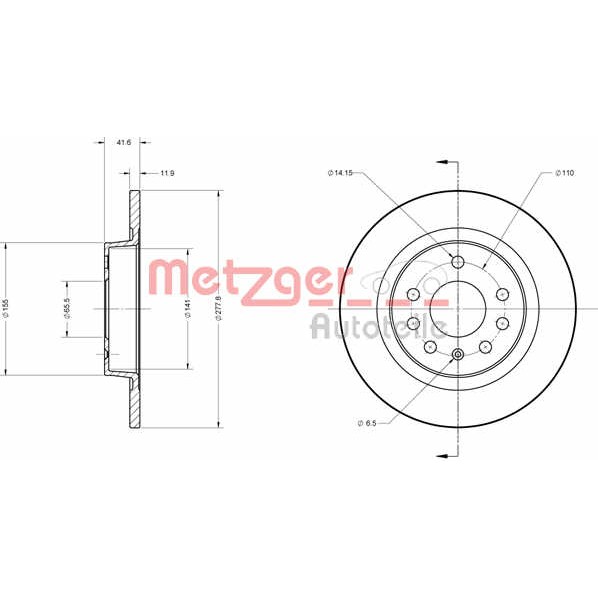 Слика на кочионен диск METZGER Coated 6110119 за Opel Vectra C Estate 1.6 - 105 коњи бензин