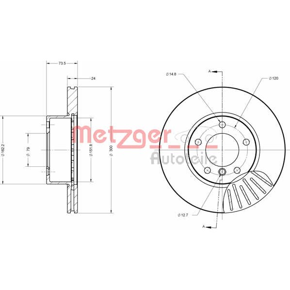 Слика на кочионен диск METZGER Coated 6110166 за BMW 3 Sedan E90 318 d - 122 коњи дизел