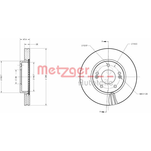 Слика на кочионен диск METZGER Coated 6110175 за Kia Pro Cee\'d (ED) 1.6 CRDi 128 - 128 коњи дизел