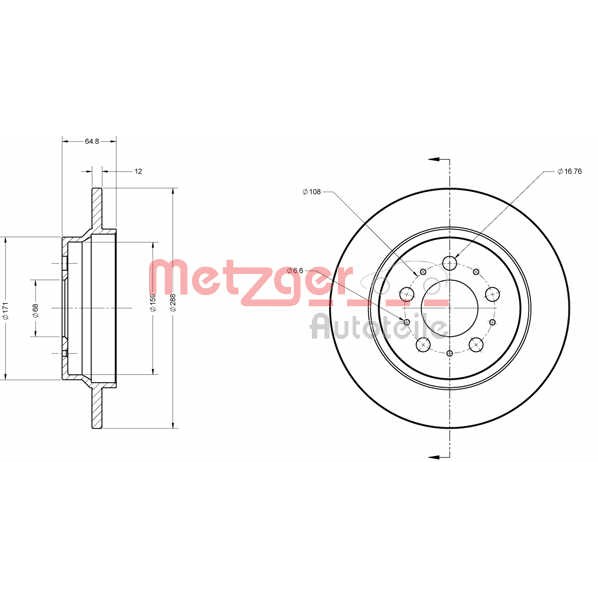 Слика на кочионен диск METZGER Coated 6110224 за Volvo V70 Estate 2 (P80) 2.4 D5 - 185 коњи дизел