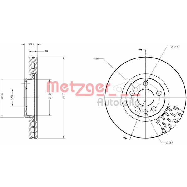 Слика на кочионен диск METZGER Coated 6110239 за Citroen C8 EA,EB 2.2 - 158 коњи бензин