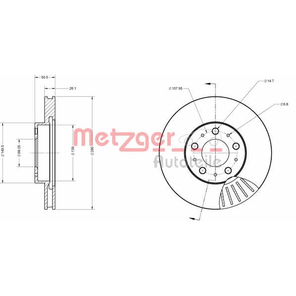 Слика на кочионен диск METZGER Coated 6110253 за Volvo 850 (LS) 2.5 - 170 коњи бензин