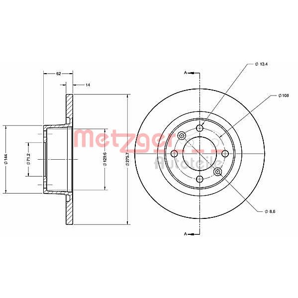 Слика на кочионен диск METZGER Coated 6110281 за Citroen C5 RE Break 1.8 16V (RE6FZB) - 116 коњи бензин