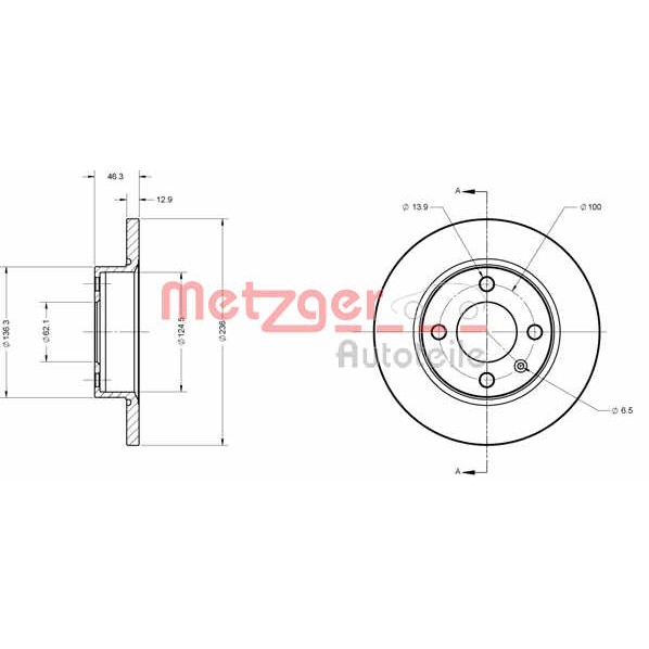 Слика на кочионен диск METZGER Coated 6110309 за Skoda Favorit (781) 1.3 135 (781) - 57 коњи бензин