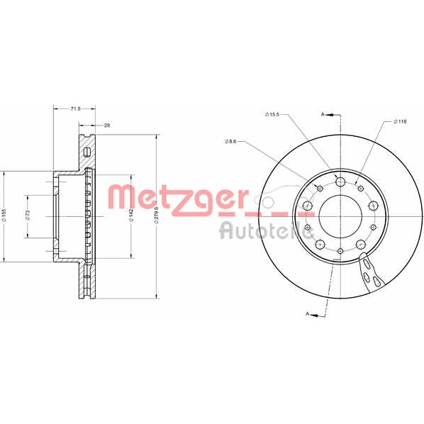 Слика на кочионен диск METZGER Coated 6110354 за Fiat Ducato Platform 250 160 Multijet 3,0 D - 158 коњи дизел
