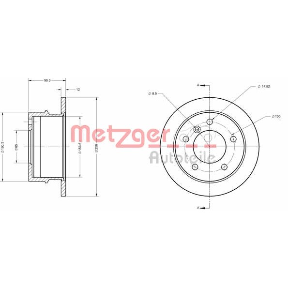 Слика на кочионен диск METZGER Coated 6110368 за Mercedes Sprinter 2-t Platform (901,902) 210 D - 102 коњи дизел