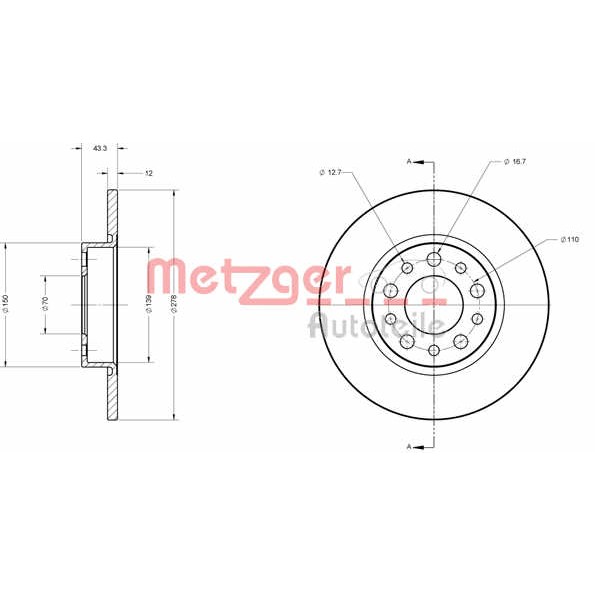 Слика на кочионен диск METZGER Coated 6110413 за Alfa Romeo 159 Sportwagon 1.8 MPI - 140 коњи бензин