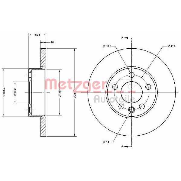 Слика на кочионен диск METZGER Coated 6110414 за VW Transporter T4 Bus 2.8 VR 6 - 140 коњи бензин