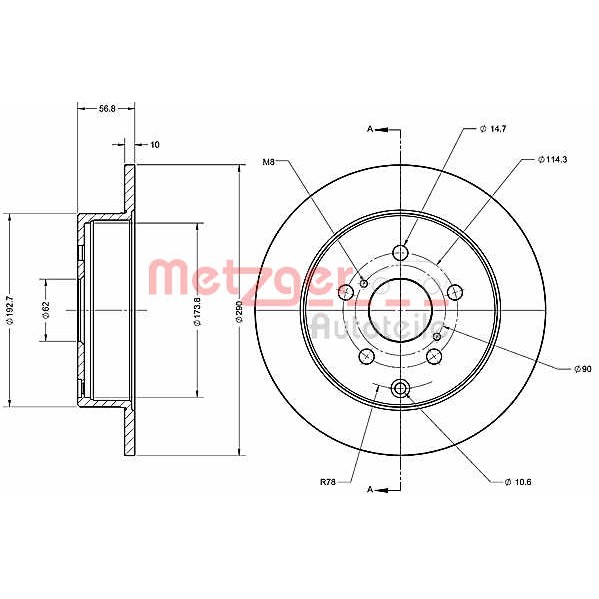 Слика на Кочионен диск METZGER Coated 6110455