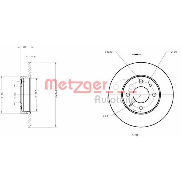 Слика на кочионен диск METZGER Coated 6110585 за Fiat Cinquecento 170 0.9 i.e. S (170AF, 170CF) - 40 коњи бензин