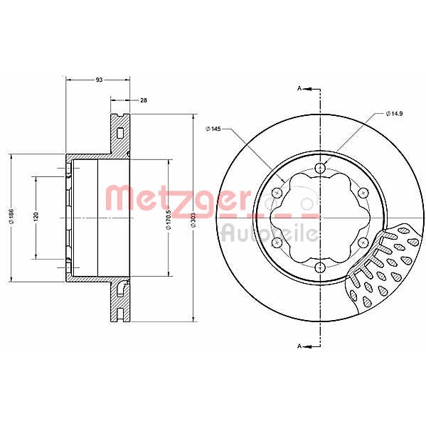 Слика на кочионен диск METZGER Coated 6110591 за Mercedes Sprinter 4.6-t Platform (906) 411 CDI (906.153, 906.155, 906.253, 906.255) - 109 коњи дизел