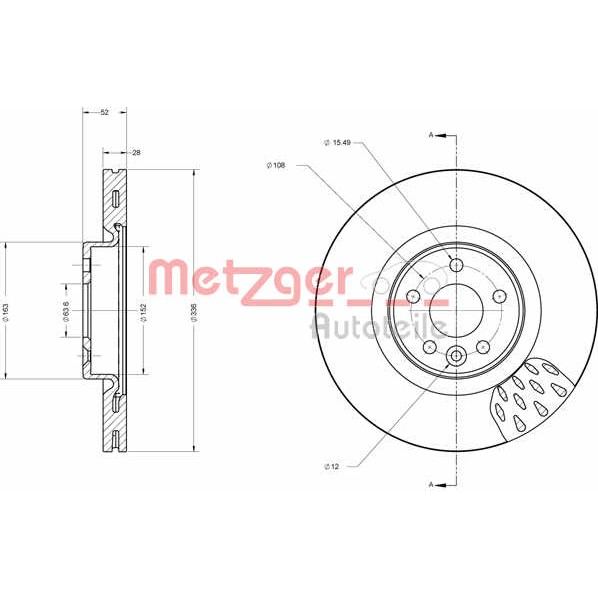 Слика на кочионен диск METZGER Coated 6110659 за Volvo S80 Saloon 2.5 T - 231 коњи бензин