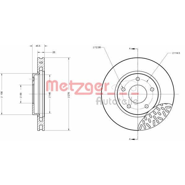 Слика на кочионен диск METZGER Coated 6110664 за Mitsubishi Lancer Ex Saloon (CY-ZA) 1.8 - 140 коњи бензин