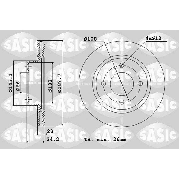 Слика на кочионен диск SASIC 2464T84J за Citroen Xantia Estate X2 3.0 V6 - 190 коњи бензин