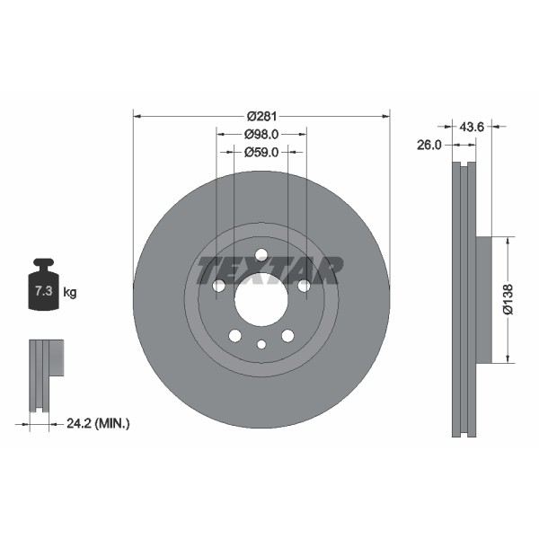 Слика на кочионен диск TEXTAR 92074000 за Citroen Jumpy U6U 1.9 D 70 - 69 коњи дизел