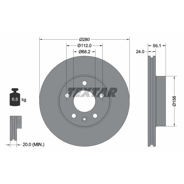 Слика на кочионен диск TEXTAR 92083800 за VW Transporter T4 Platform 2.4 D - 75 коњи дизел