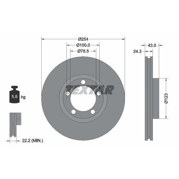 Слика на кочионен диск TEXTAR 92088100 за Ford Transit Platform (E) 1991 2.0 (EME/L/S, ENE/L/S) - 98 коњи бензин