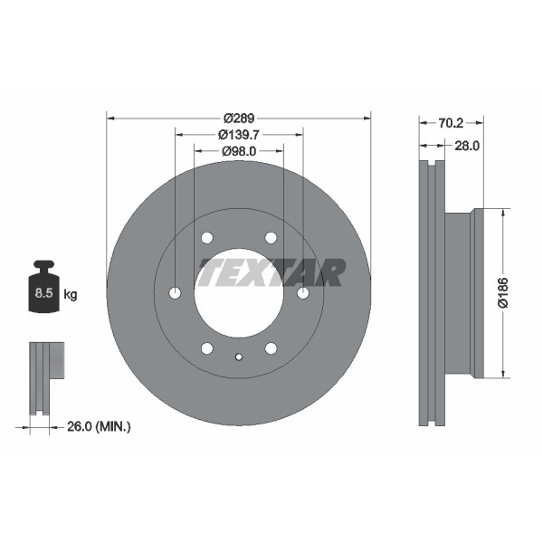 Слика на кочионен диск TEXTAR 92223000 за Ford Ranger (TU) 2.5 TDdi 4x4 - 117 коњи дизел