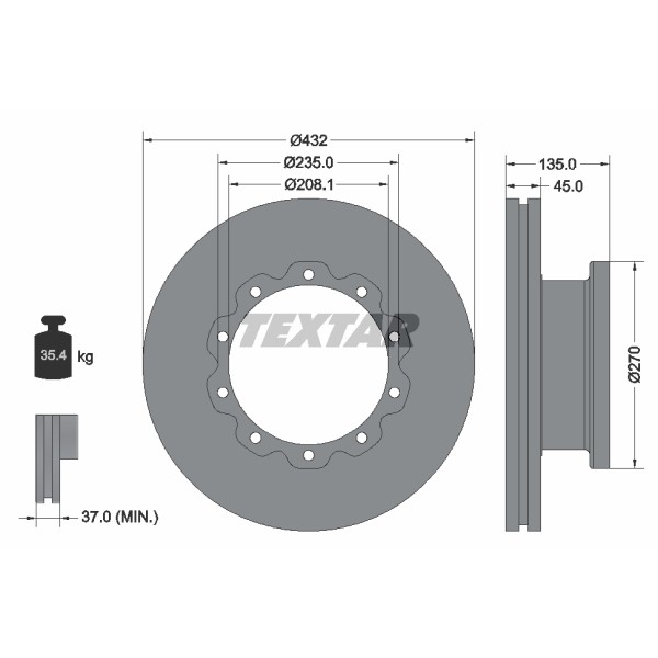 Слика на кочионен диск TEXTAR 93087000 за камион MAN F 2000 19.414 FS, FLS, FLLS, FRS, FLRS, FLLRS - 409 коњи дизел