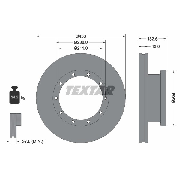 Слика на кочионен диск TEXTAR 93087900 за камион Mercedes Econic 1824 L, 1824 LL - 238 коњи дизел