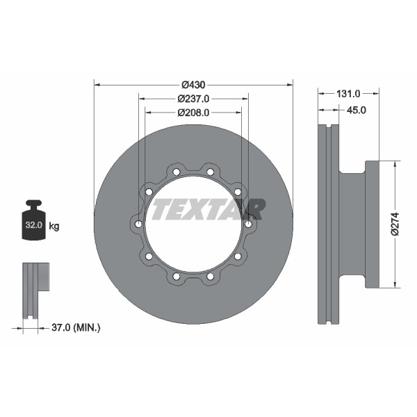 Слика на кочионен диск TEXTAR 93088300 за камион Scania 4 Series T 94 G/220 - 220 коњи дизел