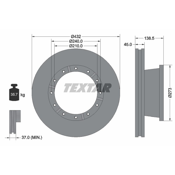 Слика на кочионен диск TEXTAR 93142900 за камион Iveco Eurotech MP 400 E 42 T, 440 E 42 T, 440 E 42 T/P - 420 коњи дизел