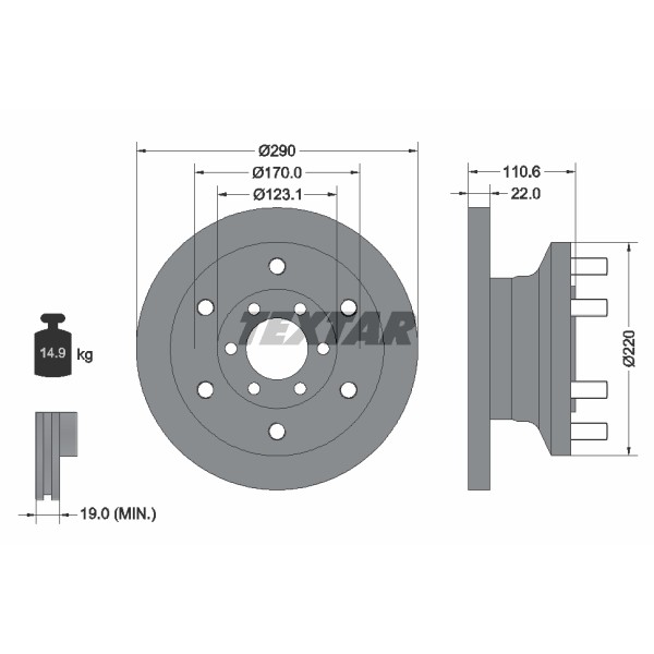 Слика на кочионен диск TEXTAR 93175400 за камион Iveco Daily 2 Bus Box 35 C 12 V, 35 S 12 V (AGKA43A2, AGKB43A2, AGKB46A2...) - 116 коњи дизел