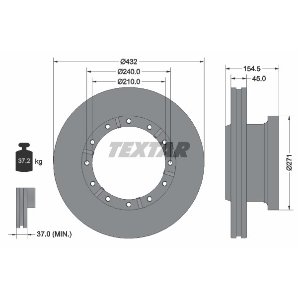 Слика на кочионен диск TEXTAR 93253000 за камион Iveco Trakker AD 400T45 WT, AT 400T45 WT - 450 коњи дизел