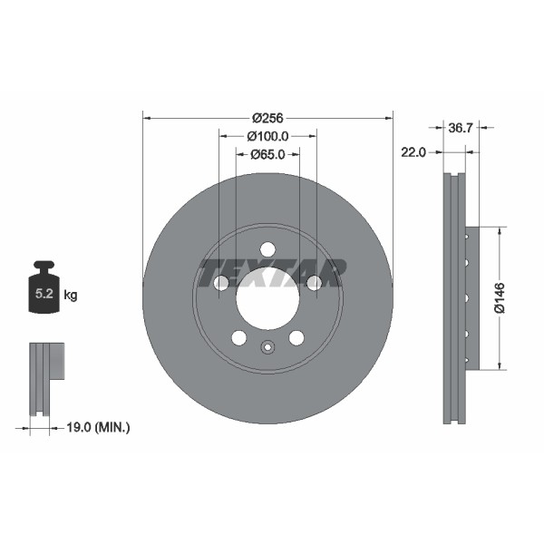 Слика на кочионен диск TEXTAR PRO+ 92082205 за VW Polo 5 (6R) 1.0 - 60 коњи бензин