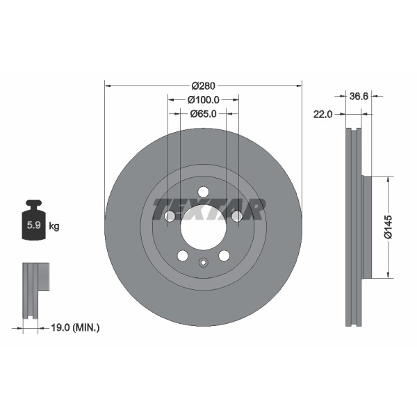 Слика на кочионен диск TEXTAR PRO+ 92082305 за VW Beetle (9C1,1C1) 1.9 TDI - 101 коњи дизел