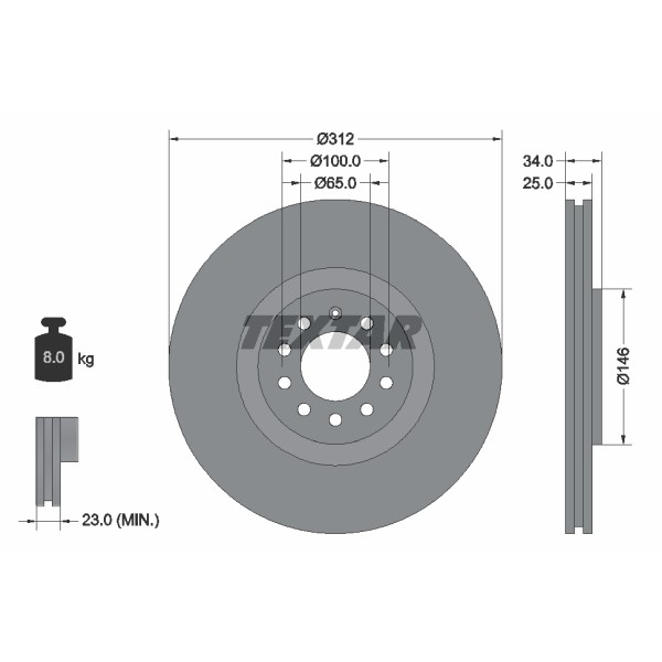 Слика на кочионен диск TEXTAR PRO+ 92098505 за Audi A3 (8L1) 1.8 T - 150 коњи бензин