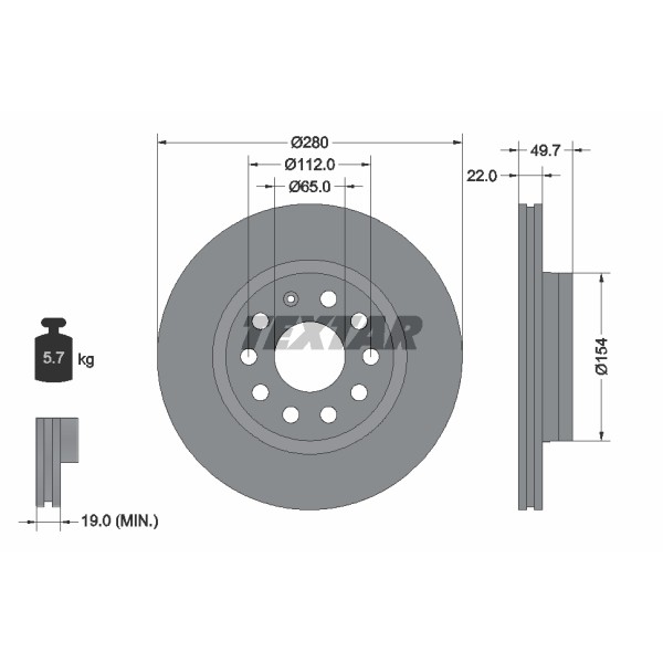 Слика на кочионен диск TEXTAR PRO+ 92120705 за Seat Toledo 3 (5P2) 1.4 16V - 86 коњи бензин