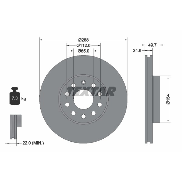 Слика на кочионен диск TEXTAR PRO+ 92120805 за VW Caddy 3 Box 1.4 - 75 коњи бензин