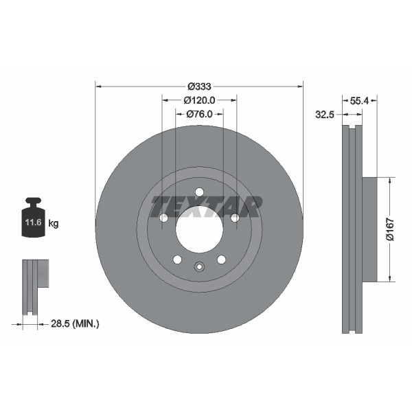 Слика на кочионен диск TEXTAR PRO+ 92121305 за VW Transporter T5 Box 3.2 4motion - 235 коњи бензин