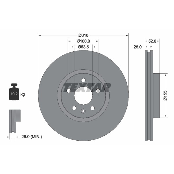 Слика на кочионен диск TEXTAR PRO+ 92162305 за Volvo S80 Saloon D3 / D4 - 163 коњи дизел