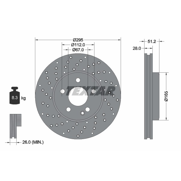 Слика на кочионен диск TEXTAR PRO+ 92257505 за Mercedes B-Class (w246) B 200 CDI (246.201) - 136 коњи дизел