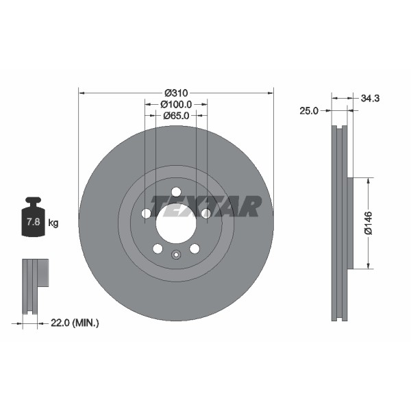 Слика на кочионен диск TEXTAR PRO+ 92275905 за Audi A1 (8X1) 1.4 TFSI - 125 коњи бензин