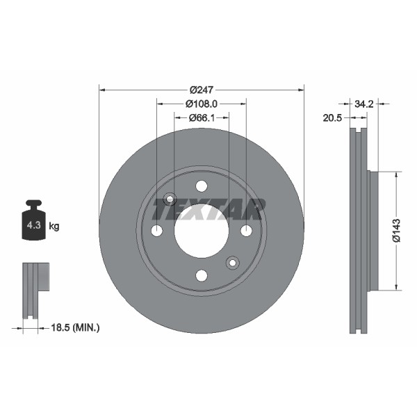 Слика на кочионен диск TEXTAR PRO 92043103 за Citroen Saxo S0,S1 1.6 - 90 коњи бензин